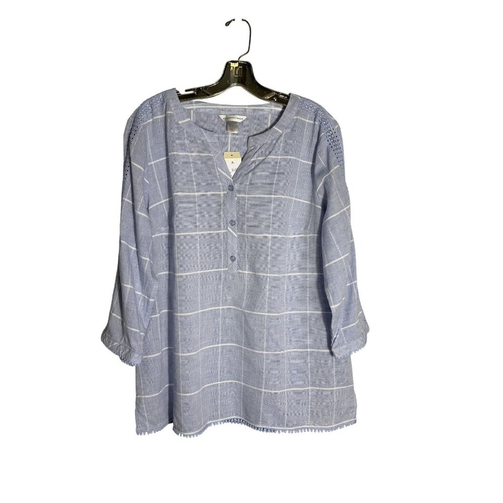 Christopher & Banks Blue Plaid 3/4 Sleeve Tunic Top W/Lace Detail Size L - Picture 2 of 13
